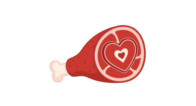 Thick slice of ham on the bone features a unique heart shape in its center for a creative food illustration piece.