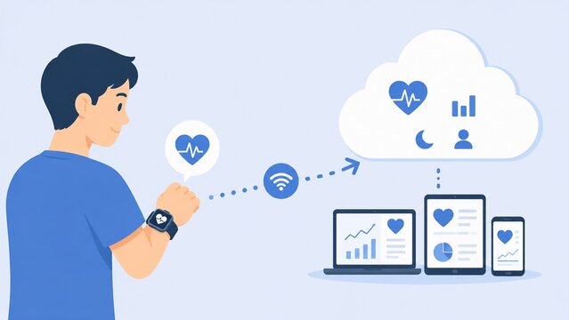 スマートウォッチで収集された健康データがクラウド経由でデバイス同期されるヘルスケアIoT