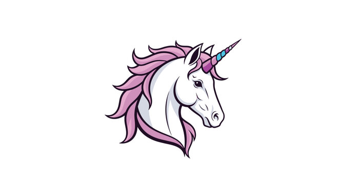Beautiful unicorn head with a flowing pink mane and a spiraled blue and purple horn is depicted in profile.