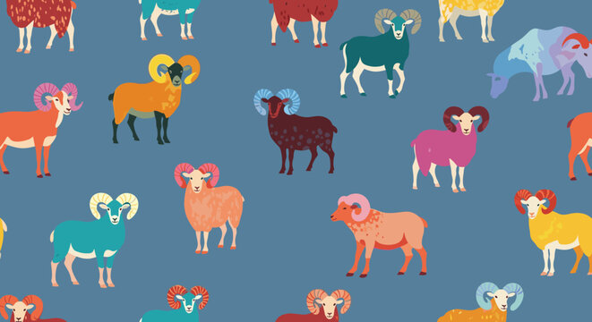 Diverse collection of colorful rams and mountain goats with large curved horns form a vibrant seamless pattern.