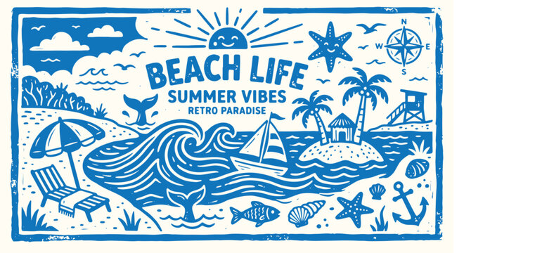 Beach life summer vibes retro paradise, vintage style illustration with ocean scene.