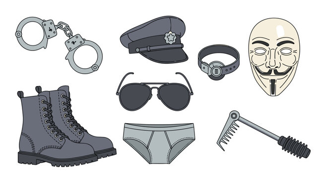 Diverse set of grey lifestyle and authority icons including handcuffs, boots, a cap, sunglasses, and a mysterious mask.