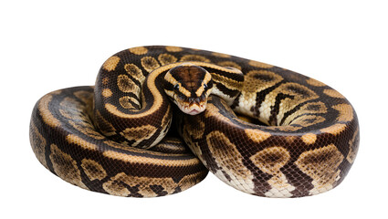 Fototapeta premium Ball Python coiled with intricate brown and yellow patterned scales