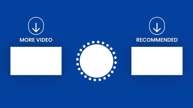 A minimalist blue YouTube end screen template featuring placeholders for recommended videos and more content, designed for digital creators and video marketers.