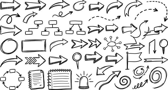 Hand drawn doodle arrows and infographic business diagram elements set featuring workflow hierarchy charts notebook lists pointer pins map flags and correction symbols vector pack
