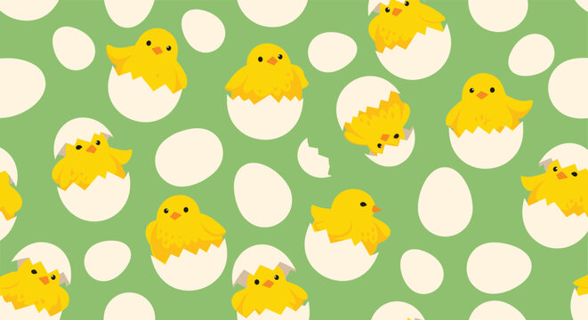 Adorable spring pattern showing small yellow chicks hatching from white cracked eggshells on a soft green background.