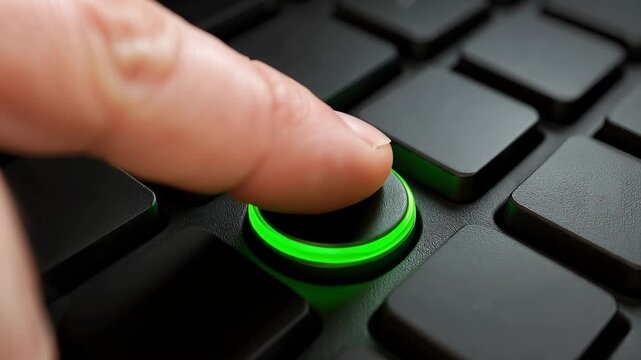 Green check mark key illuminated on a computer keyboard during work at a desk in an indoor office setting