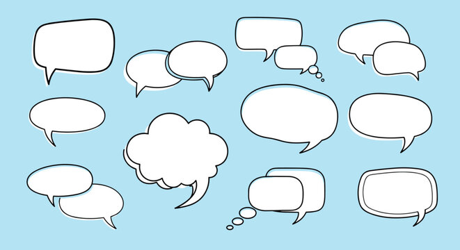 Large collection of speech bubbles and thought clouds in various shapes and sizes with thin black outlines displayed on a blue background.