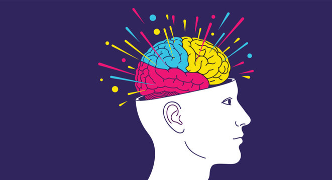 Creative profile of a human head with the top open revealing a colorful exploding brain representing new ideas and inspiration.