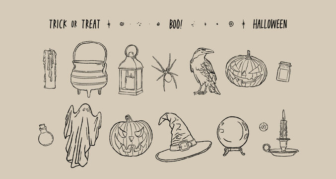 Hand drawn Halloween elements set. Cute spooky doodle outline vector illustration. Witch cauldron, pumpkin, ghost, raven, hat and candles line art sketch. Trick or treat lettering.