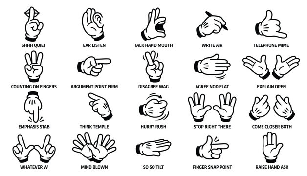Cartoon Gloved Hand Communication Gesture Icon Set with Shh Point Wave Explain Stop Mind Blown Black Outline Labeled Vector
