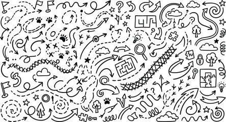 Hand drawn doodle arrows and wayfinding pathway elements set featuring dotted lines treasure map tracks maze icons paw prints flags and quest progress tracking graphics pack © Sukhi