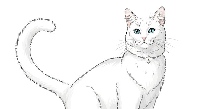 Elegant white cat illustration with blue eyes and a subtle smile on white backdrop