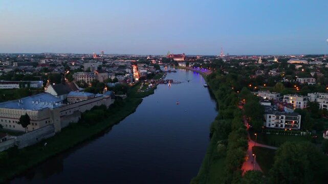 Aerial view of the Vistula River and the city of Krakow at sunset in summer in Poland