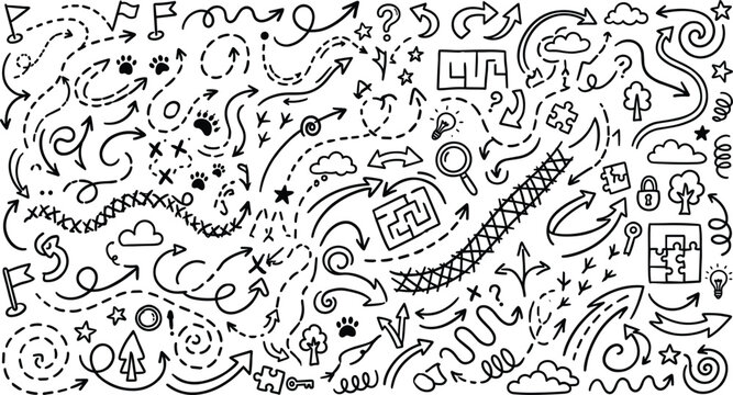 Hand drawn doodle arrows and wayfinding pathway elements set featuring dotted lines treasure map tracks maze icons paw prints flags and quest progress tracking graphics pack
