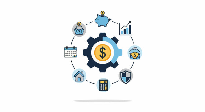 Financial management icons arranged around a central gear with a dollar coin