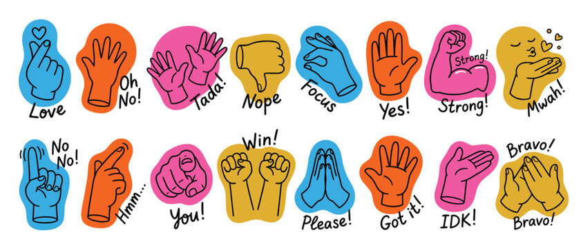 Colorful Cartoon Hand Gesture Sticker Set with Love Win Please Bravo Nope Focus Labeled Expression Vector Illustration
