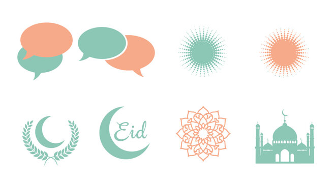 Islamic vector icons speech bubbles sun moon mosque and decorative elements