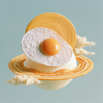 Eggy planet floats above soft, dreamlike clouds