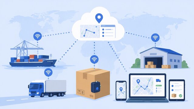 世界地図を背景にクラウドとデバイスで物流を管理するサプライチェーンマネジメントのイラスト