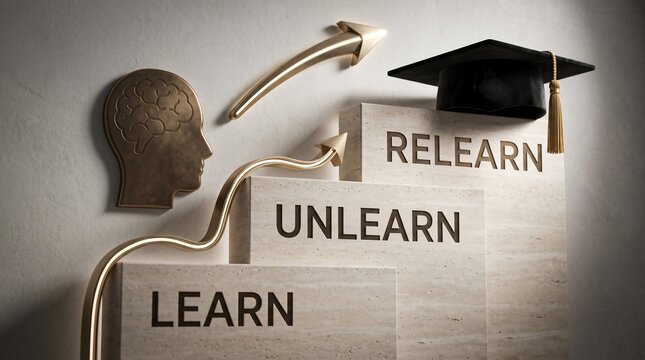 Conceptual staircase illustrating learn unlearn and relearn process with graduation cap and brain symbol for personal growth
