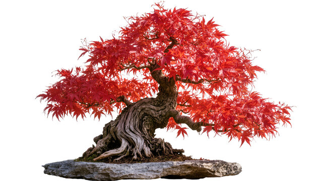Japanese Maple Bonsai tree with vibrant red leaves on a stone base