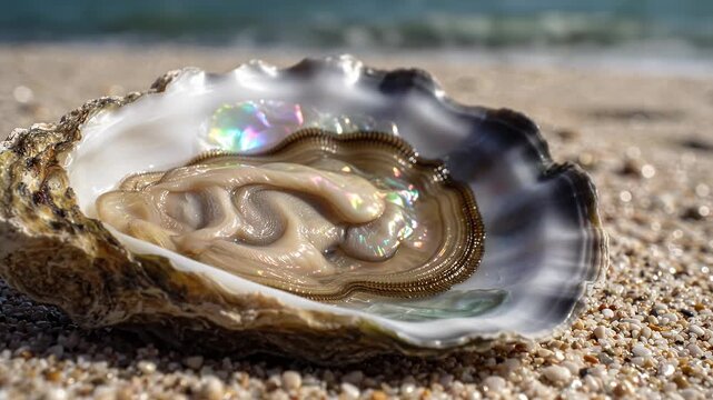 Raw oyster meat inside open shell. Fresh mollusk flesh. Marine seafood food shell flesh.
