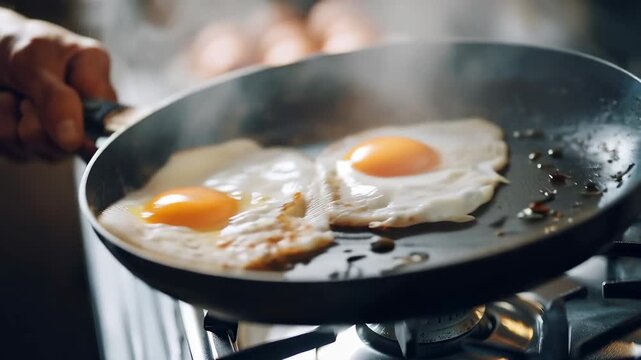 Cooking eggs in a frying pan on a stove in a kitchen in the morning with steam rising and a hand holding the pan handle