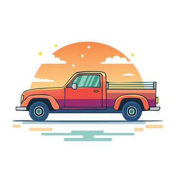 Retro pickup truck illustration at sunset