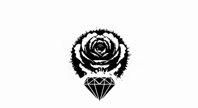 Elegant black rose silhouette with sparkling diamond on white background, symbolizing love and luxury