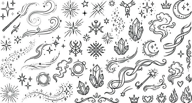 Esoteric magic witchcraft and celestial doodle elements bundle featuring magic wands crystals sunbursts moon phases sparkles smoke trails and mystical ritual vector icons pack