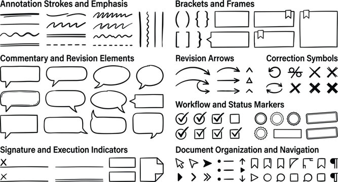 Document editing and correction doodle vector elements set featuring hand drawn proofreading symbols annotation underlines speech bubbles arrows brackets and workflow status checkmarks pack