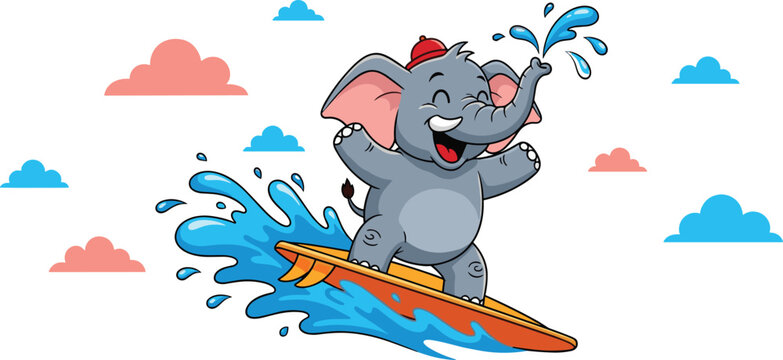Cute Cartoon Elephant Character Wearing Red Hat and Surfing on Ocean Waves with Water Splashes for Summer Vacation and Kids Designs