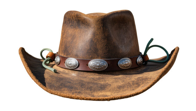 Brown leather cowboy hat with silver conchos and chin strap