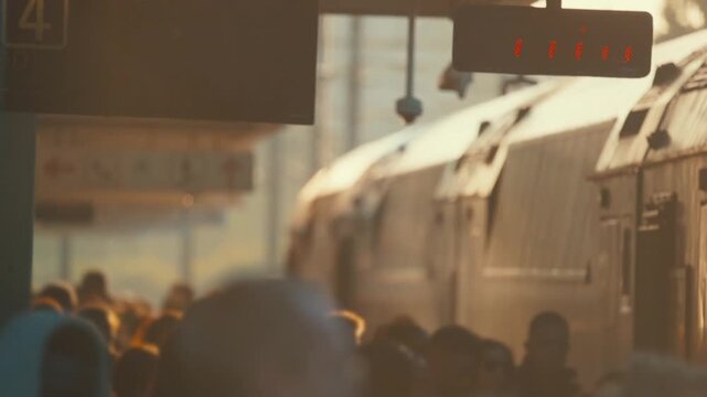 People gather at train station platform as train arrives in the morning light