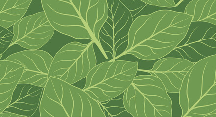 Fototapeta premium Detailed seamless pattern of fresh green leaves with visible veins overlapping each other to create a lush natural foliage background.