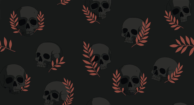 Seamless pattern of dark human skulls and orange leaves on a black background creating a gothic or spooky decorative wallpaper.