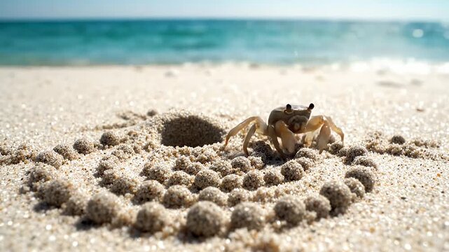 Sand crab burrow spiral pattern construction. Tiny crustacean home. Beach creature.