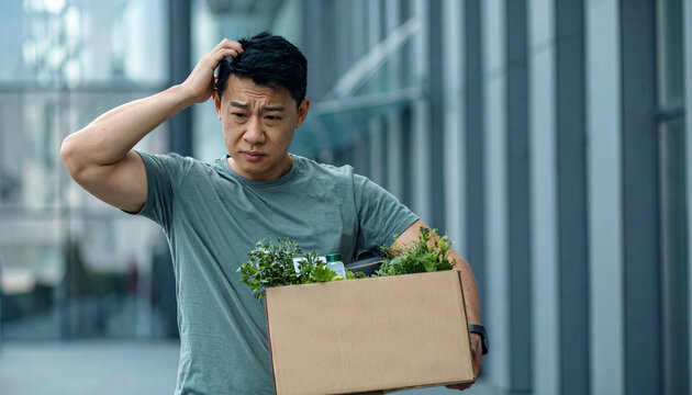 A man carrying a box of groceries looks worried and stressed, with his hand on his head. The background appears to be an urban setting with modern architecture