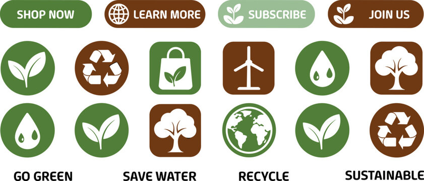 Ecology web badges and sustainability icons vector set featuring recycling wind turbine trees leaves and earth