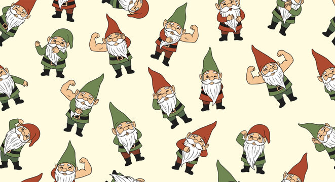 Whimsical seamless pattern showcases cheerful garden gnomes in different outfits and active poses against a pale cream background.