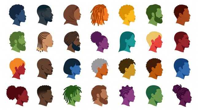 Minimalist solid avatar icons depicting diverse human profiles and hairstyles, symbolizing individuality, identity, and representation in modern digital communication and user interface design.