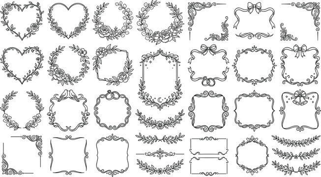 Vintage romantic wedding floral frames vector elements set featuring hand drawn laurels rose corners heart borders ribbons and decorative ornamental line dividers pack