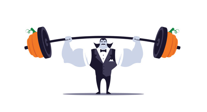 Humorous illustration features a muscular vampire in a tuxedo successfully lifting a heavy barbell with large pumpkins as weights.