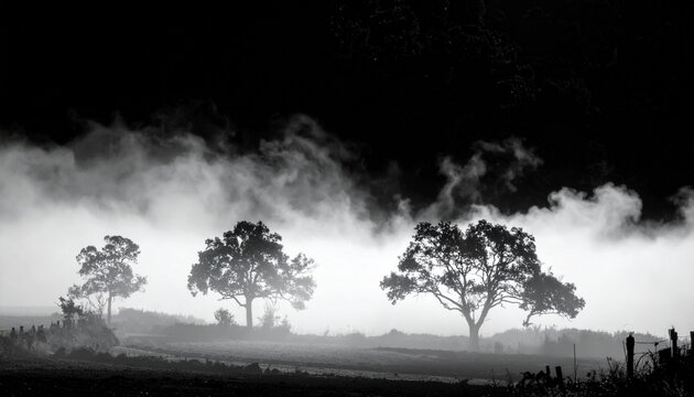 Silhouetted trees in a foggy field, black and white