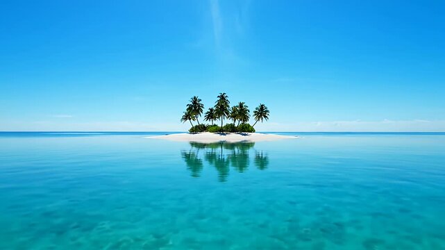 Small tropical island with palm trees. Green leaves growing. White sand beach tree water ocean.