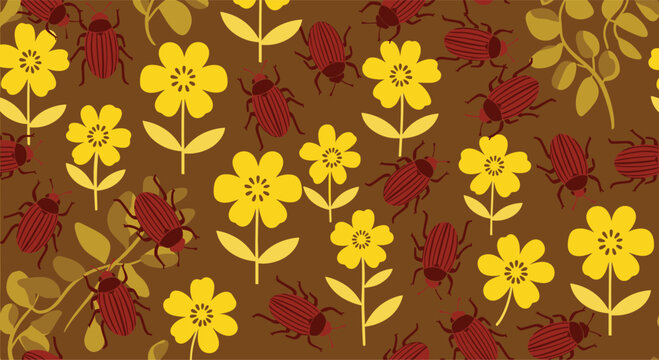 Earthy seamless pattern features simple yellow flowers and brown striped beetles on a warm chocolate brown background for nature lovers.