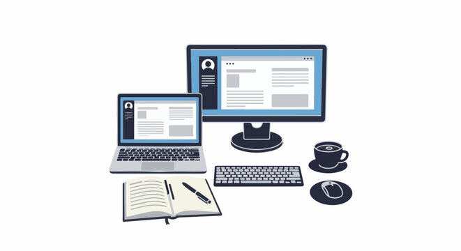 A laptop and desktop computer setup with a notepad, pen, and coffee