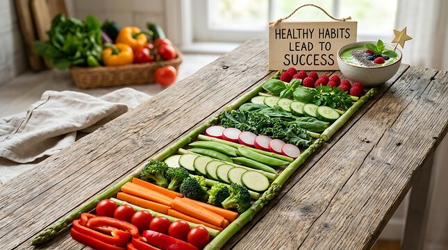 Long wooden table display with fresh vegetables for healthy eating.