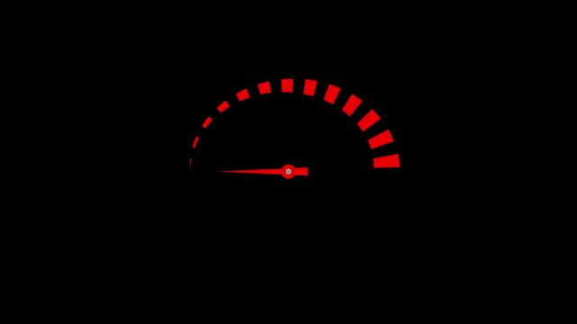 Speedometer icon animation with alpha channel transparent on background. Animation icon of a red speedometer icon with left to right race animation.